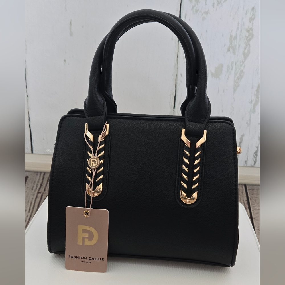 NWT Fashion Dazzle Black Mini Tote Gold Hardware Vegan Leather Crossbody Adjust.